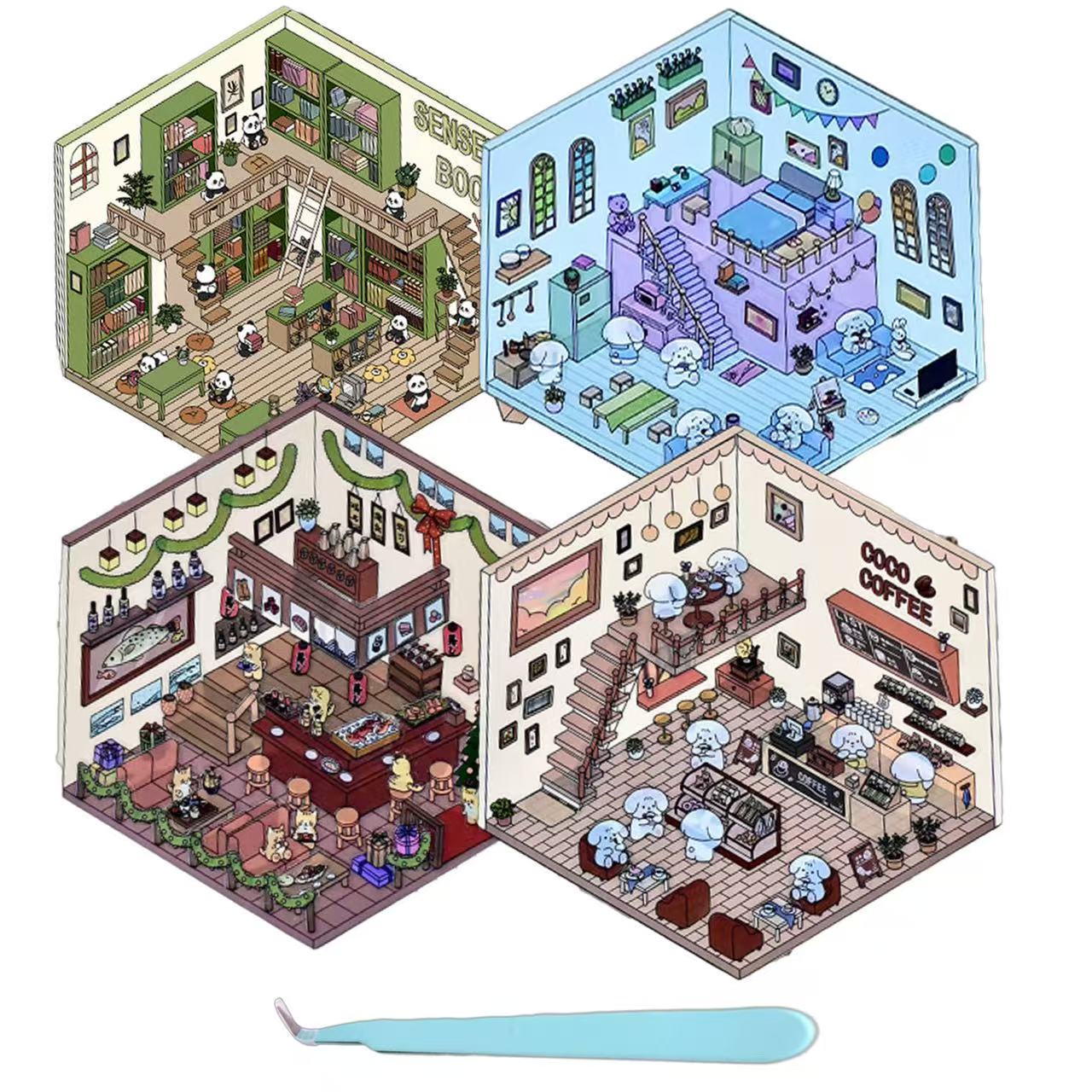 (18)Cute Pet Shop DIY 3D Scene Stickers 4 Cute Miniature Scenes