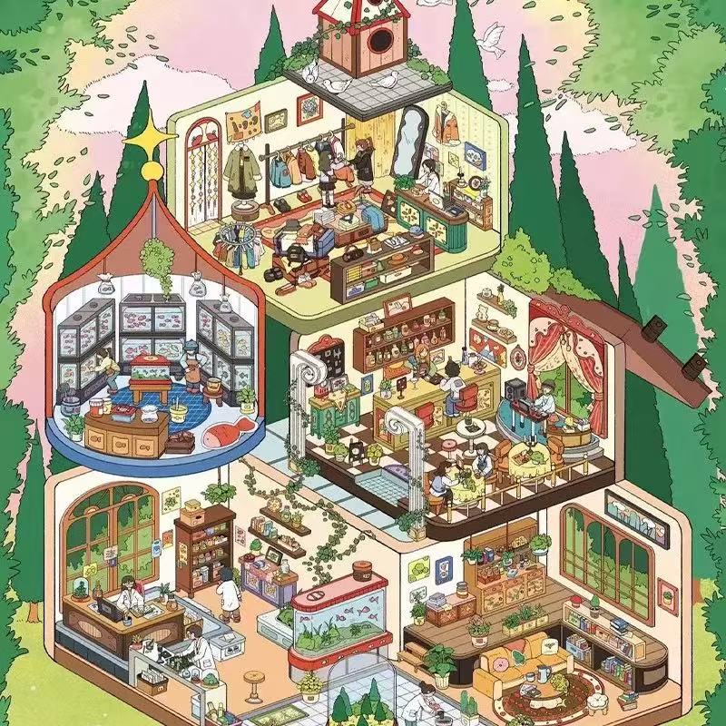 (15)Girls'House 3D Scene Stickers 4Cute Miniature Scenes(A full Set)
