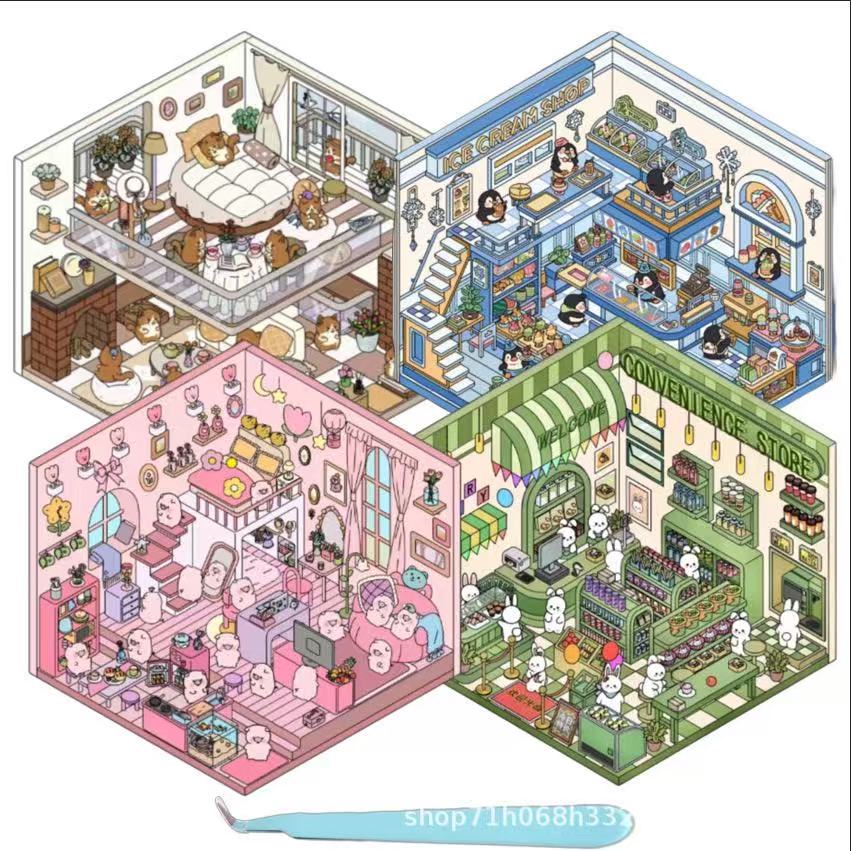 (18)Cute Pet Shop DIY 3D Scene Stickers 4 Cute Miniature Scenes