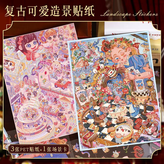 (111)Alice In Wonderland DIY 3D Scene Stickers 2 Cute Miniature Scenes